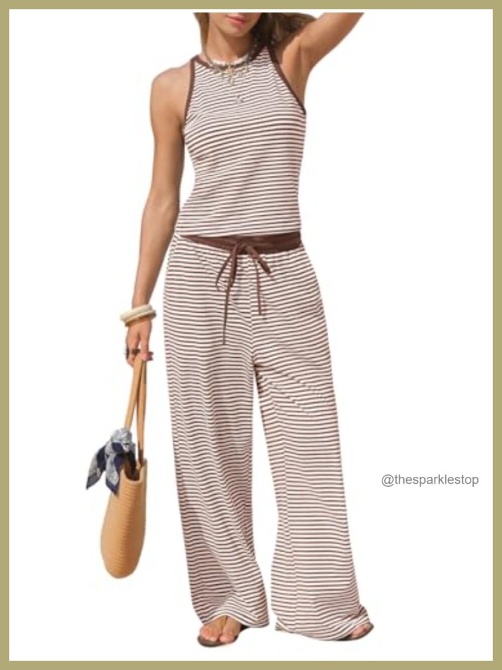 Womens 2 Piece Cotton Tank Top Wide Leg Pants Set Summer Lounge Travel